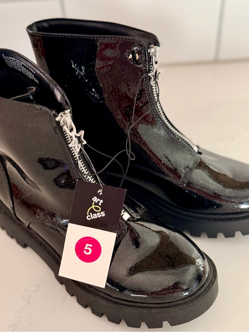 Target art class Kids Black Patent Glitter Ankle Boots with Star Zipper